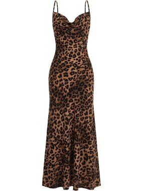 Brown X-Small Leopard Print Draped Collar Spaghetti Strap Cami Dress